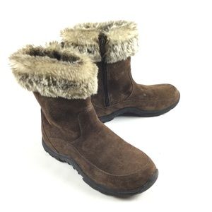 L.L. BEAN Boots Women’s Brown Suede Faux Fur Trim Mid Calf Side Zip Sz 8
